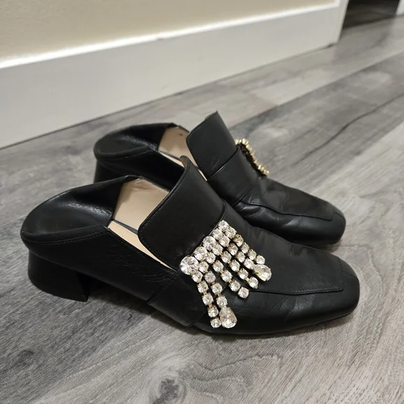 Stuart Weitzman Black Leather Crystal Embellished Mule Heels Slip-On Loafers 5.5 - Picture 2 of 15